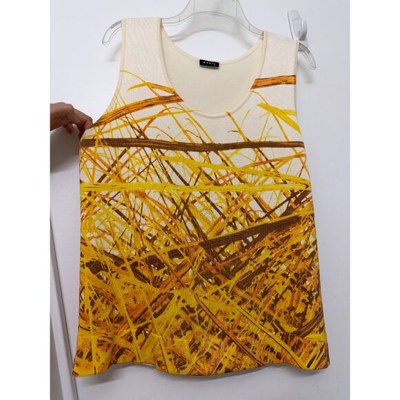 Akris Grass Print Silk Tank Top Sweater Yellow Straw Hay Stripe Sleeveless 10 - Picture 5 of 13